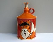 Pirate Fox Jug, Orange and Red, Bottle or Whiskey Jug, Bar Ware, Animal Art Pottery