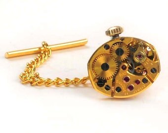Steampunk Vintage Gold Bulova Watch Tie Tack Pin Chain Clip