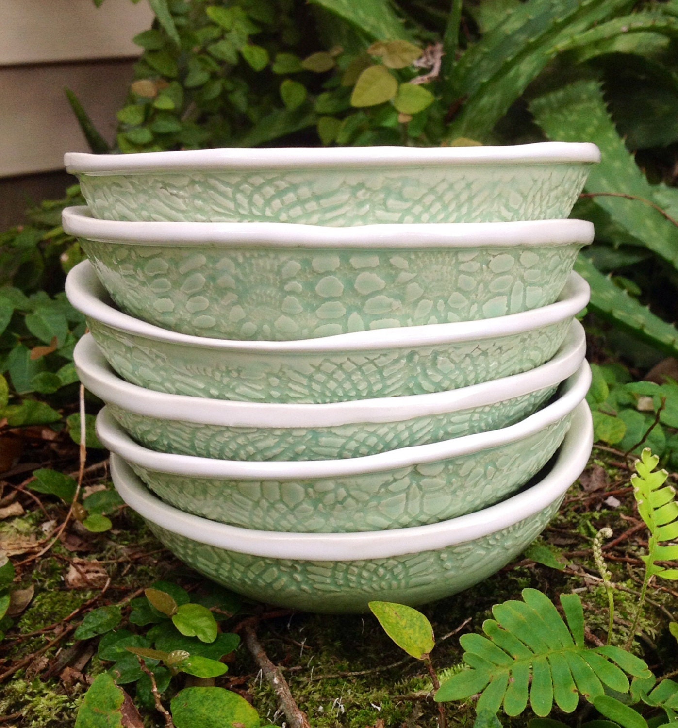 set of six ceramic pottery mint and white color lace by muddyme