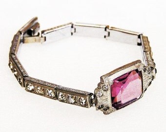 Nov E Line Art Deco Amethyst Glass Rhodium Plate Bracelet
