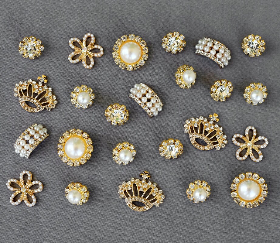 SALE 10 Assorted Rhinestone Button Brooch Embellishment Gold