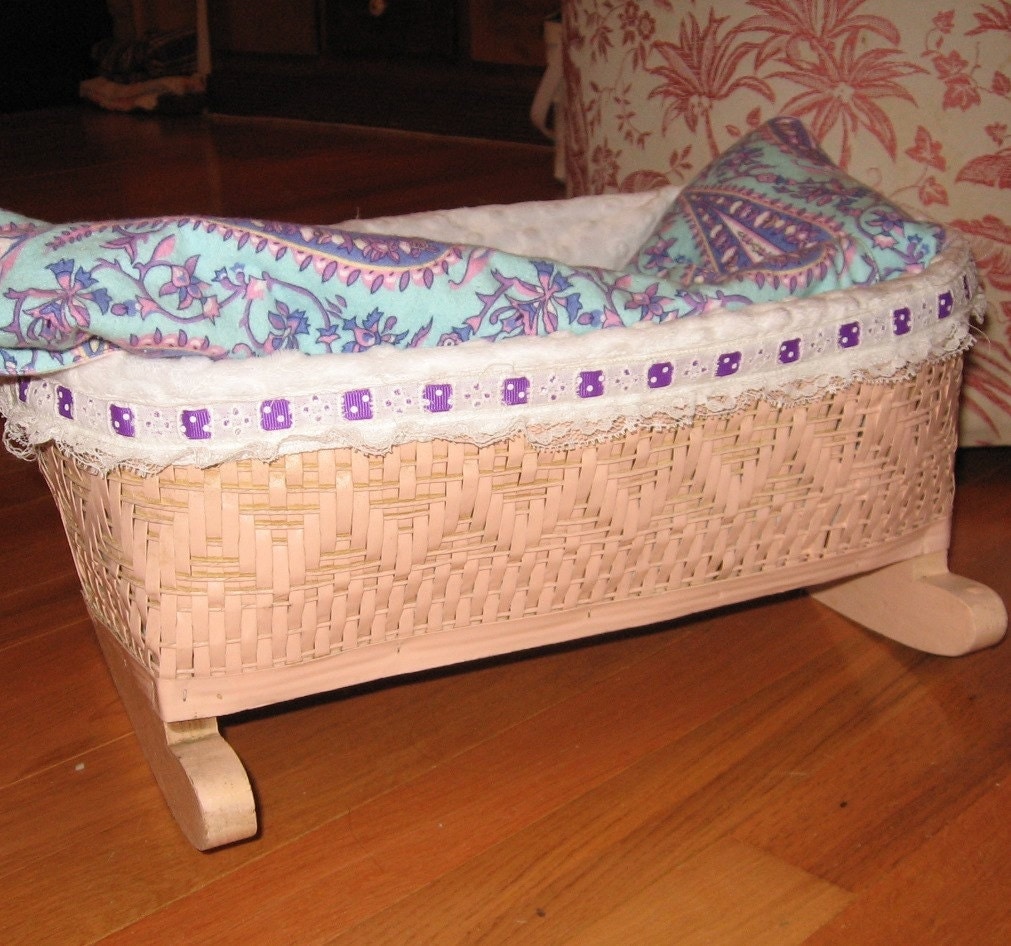 Vintage Pink Baby Doll Basket Cradle Fits 13 inch doll new linens Amy