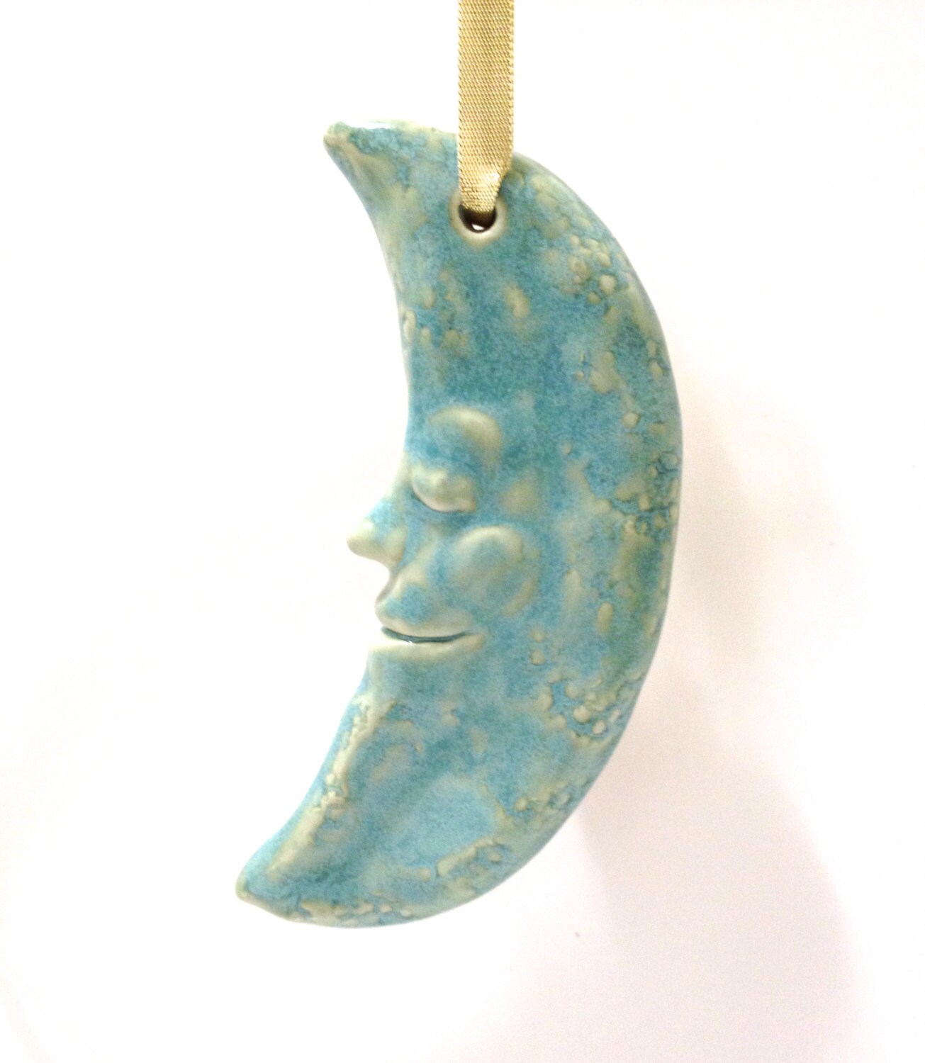 Porcelain Moon Ornament, Hand-Built Ceramic Moon, Hanging Blue Moon