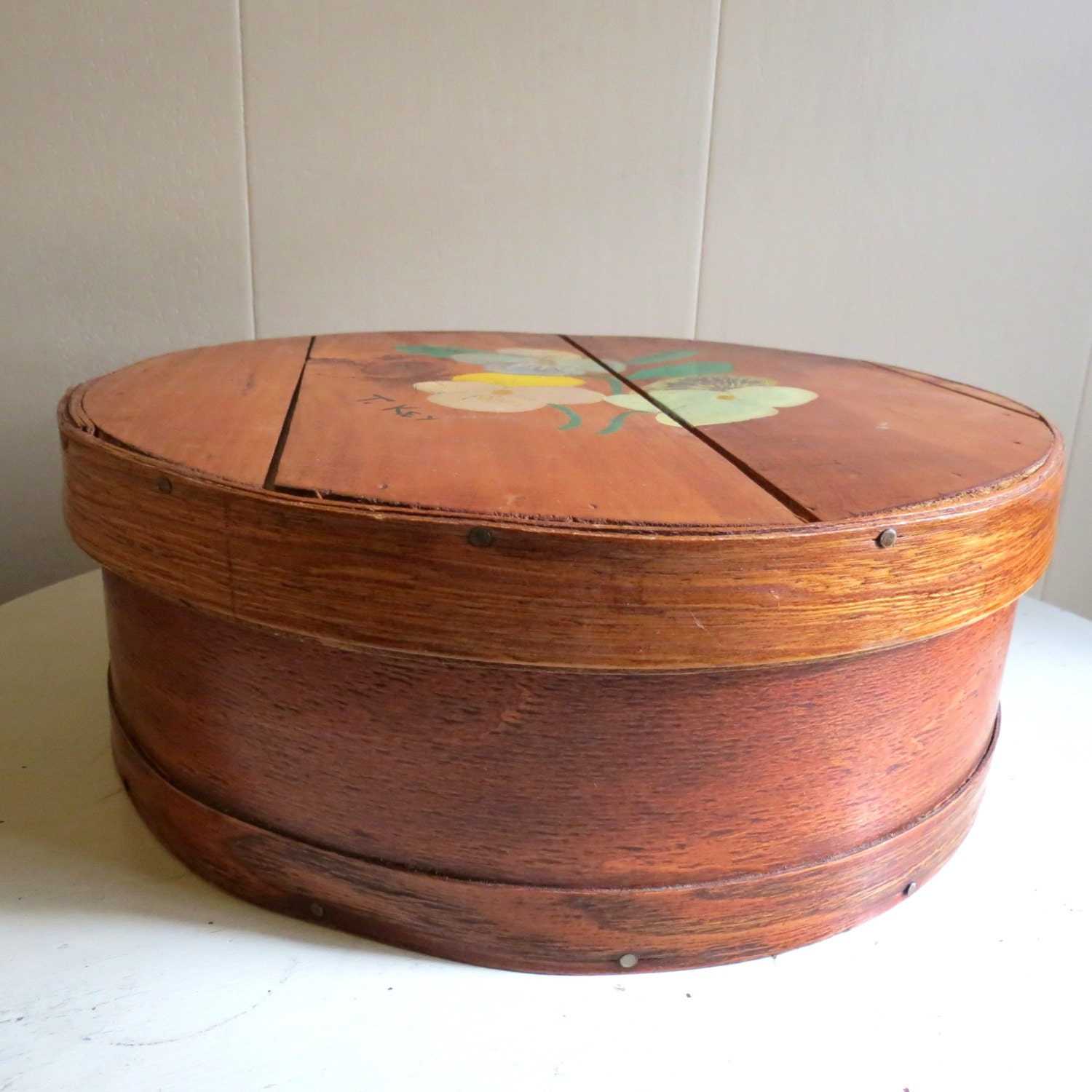 Antique Wooden Dufecks Cheese Box Sewing Box