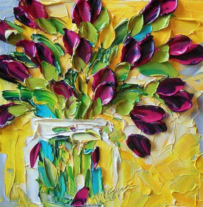 Oil Painting Magenta Tulips With Yellow on Wide Canvas