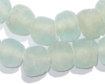 45 Recycled Glass Beads African Glass Beads - 14mm Clear Aqua Beads - Sea Glass - Jewelry Making Supplies - Made in Ghana (RCY-RND-AQU-649)