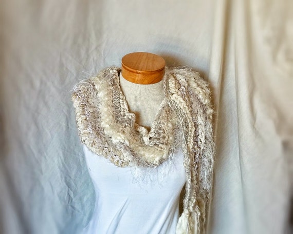 White chevron scarf Crochet chunky wrap Long striped stole Fuzzy fringe Boho Southwestern style Art scarf   Cream tan beige off white