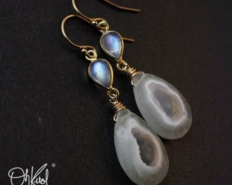 Gold Rainbow Moonstone & Solar Quartz Earrings - 14K GF - Statement Earrings
