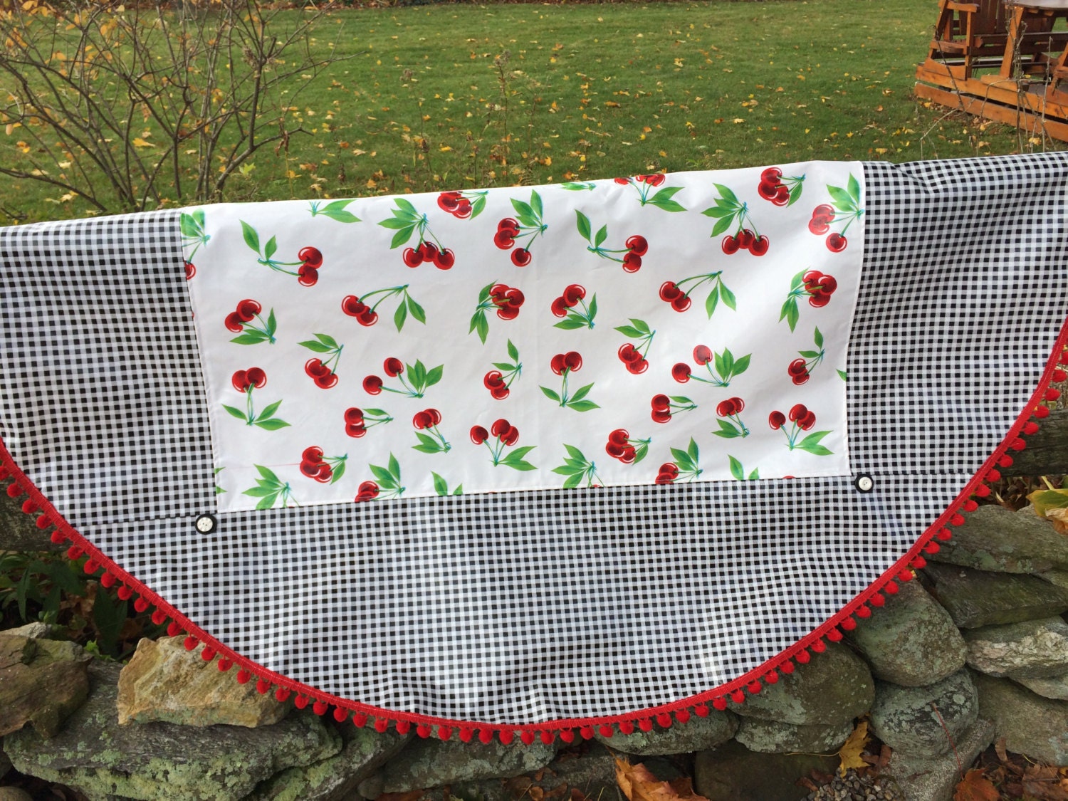 Retro round oilcloth tablecloth with cherries on white and