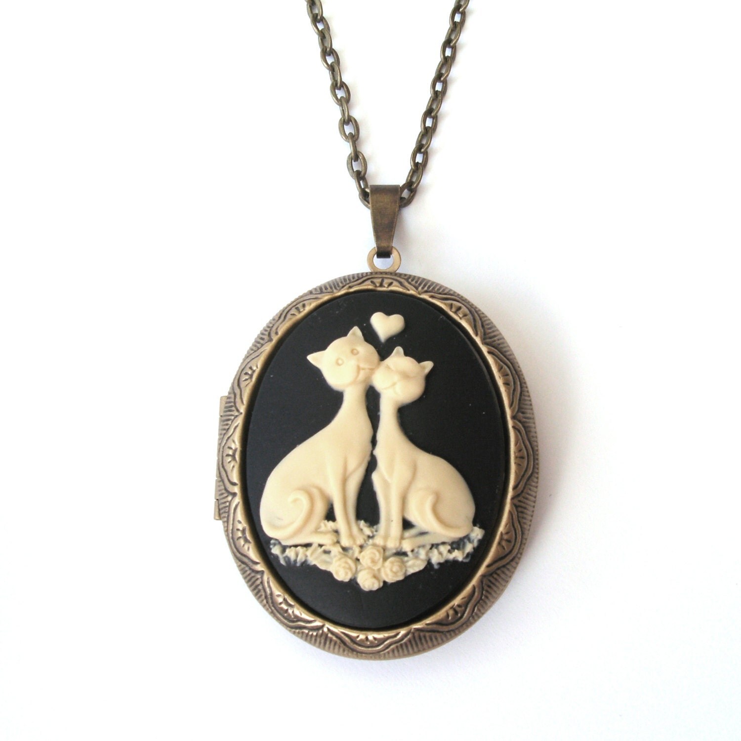 Black Love Cats Locket Cat Locket Cat Cameo Locket Necklace