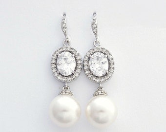 Wedding Pearl Jewelry Cubic Zirconia Pearl Drop Earrings Crystal pearl bridal earrings Swarovski Pearl Wedding Jewelry, Amelia