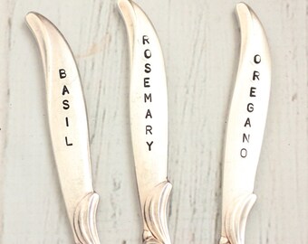 Minimalist Herb Garden Marker Set. Recycled Vintage Stamped Silverware Garden Markers Basil, Rosemary, Oregano, Patio Plant Markers