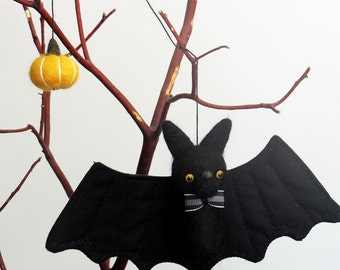 Bat Halloween decor : needle felted bat ornament with a bow tie and yellow pumpkin