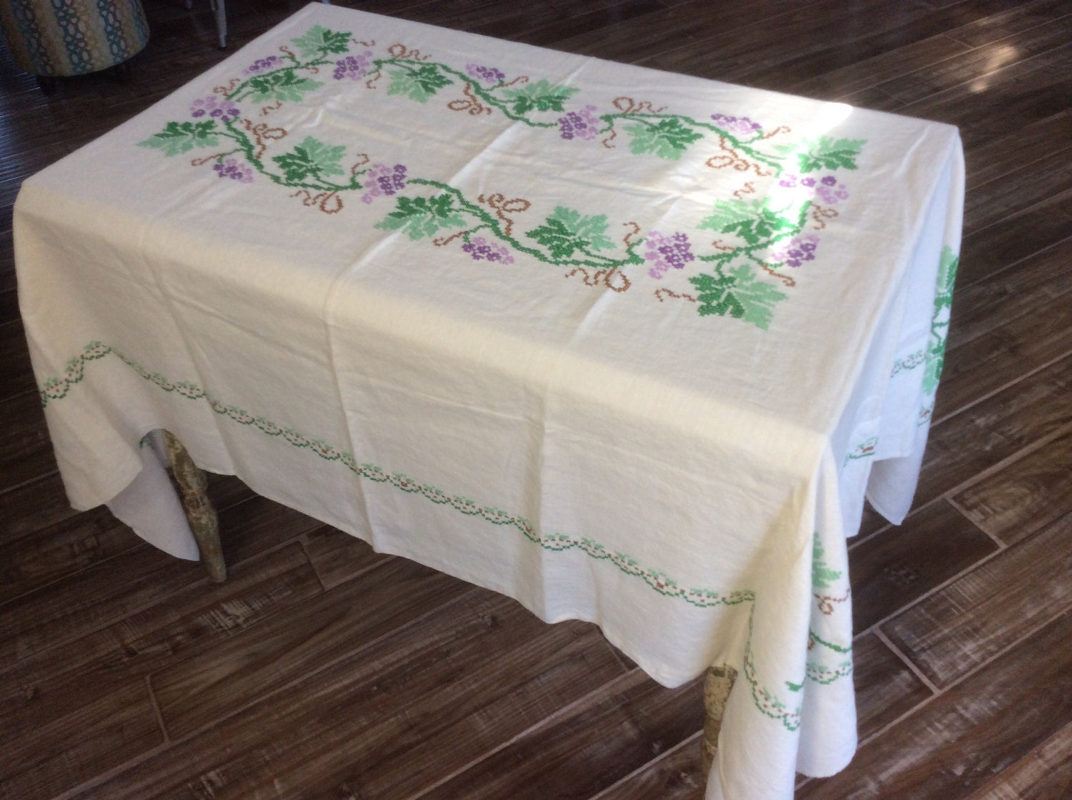 vintage table cloth tablecloth cross stitch by rustandmoth on Etsy