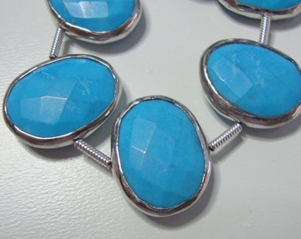 Blue Turquoise Faceted Irregular Oval Sterling silver Bezel Rim, pendant, connector finding- 15-16mm - J16-2