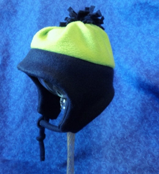Winter Fleece Baby Hat Navy Blue and Lime Green 1218 months
