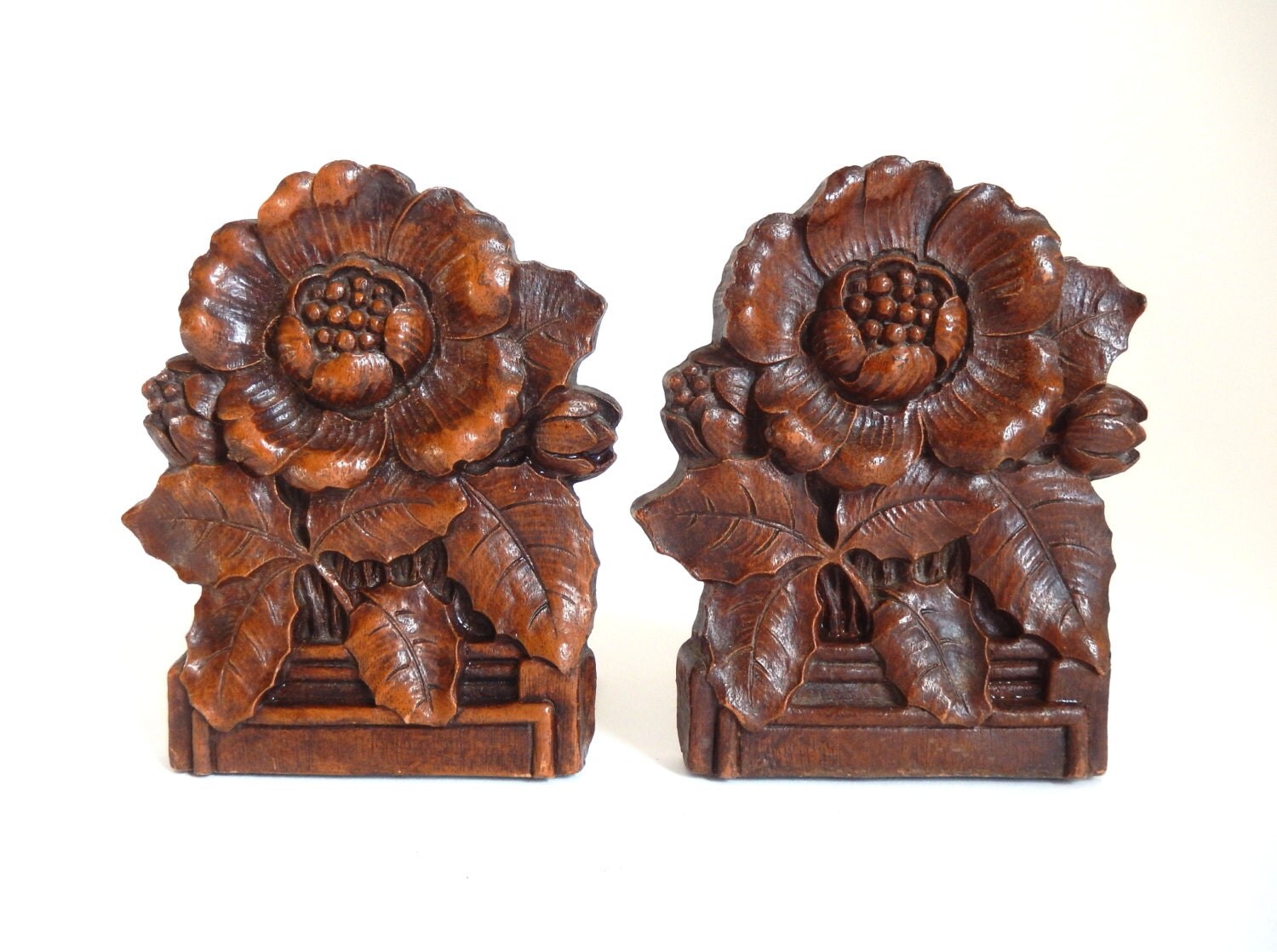 Mid Century 1950's Brown Resin Flower Bookends