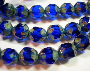 15 9mm Cobalt Blue Travertine Firepolished Thru Cuts Czech Glass Beads