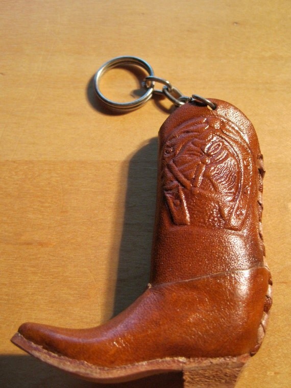 Cowboy tooled leather boot keychain 1970s by VintageGoodThings