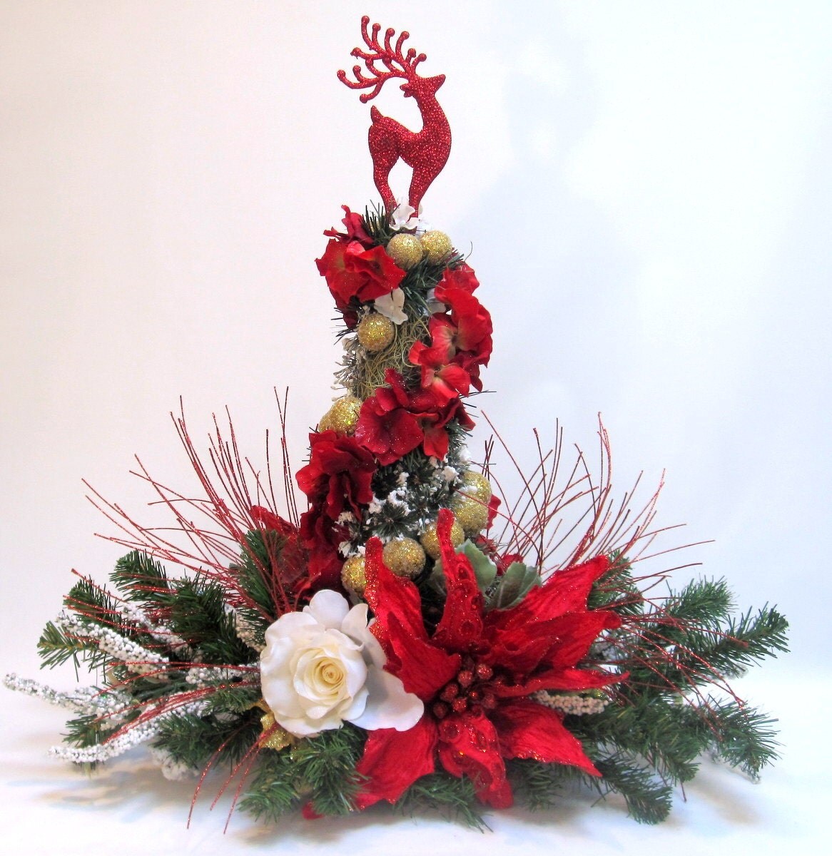 SOLD CHRISTMAS DECOR Centerpiece, Reindeer Christmas Table Décor, Christmas Silk Flower Arrangement, Christmas Roses