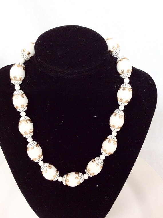 Vintage white necklace ornate gold accents HONG KONG retro plastic