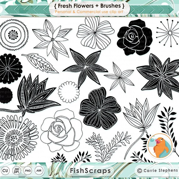 Fresh Flower ClipArt, Rose LineArt, Hand Drawn Flower Outline & Digital Stamp Silhouette PNG + PS Brush, Flower Clip Art Il_570xn