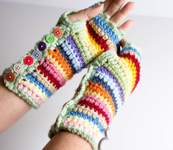 Fingerless Gloves Crochet Photographer Gloves Wrist Warmer Striped Gloves Colorful With Buttons Hand Warmer Mittens Texting Gloves Mitts