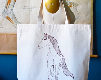 Recycled Cotton Canvas Tote Bag - Screen Printed Grocery Bag - Eco Friendly Shopper Tote - Large Tote - Farmers Market - Farmhouse - Horse