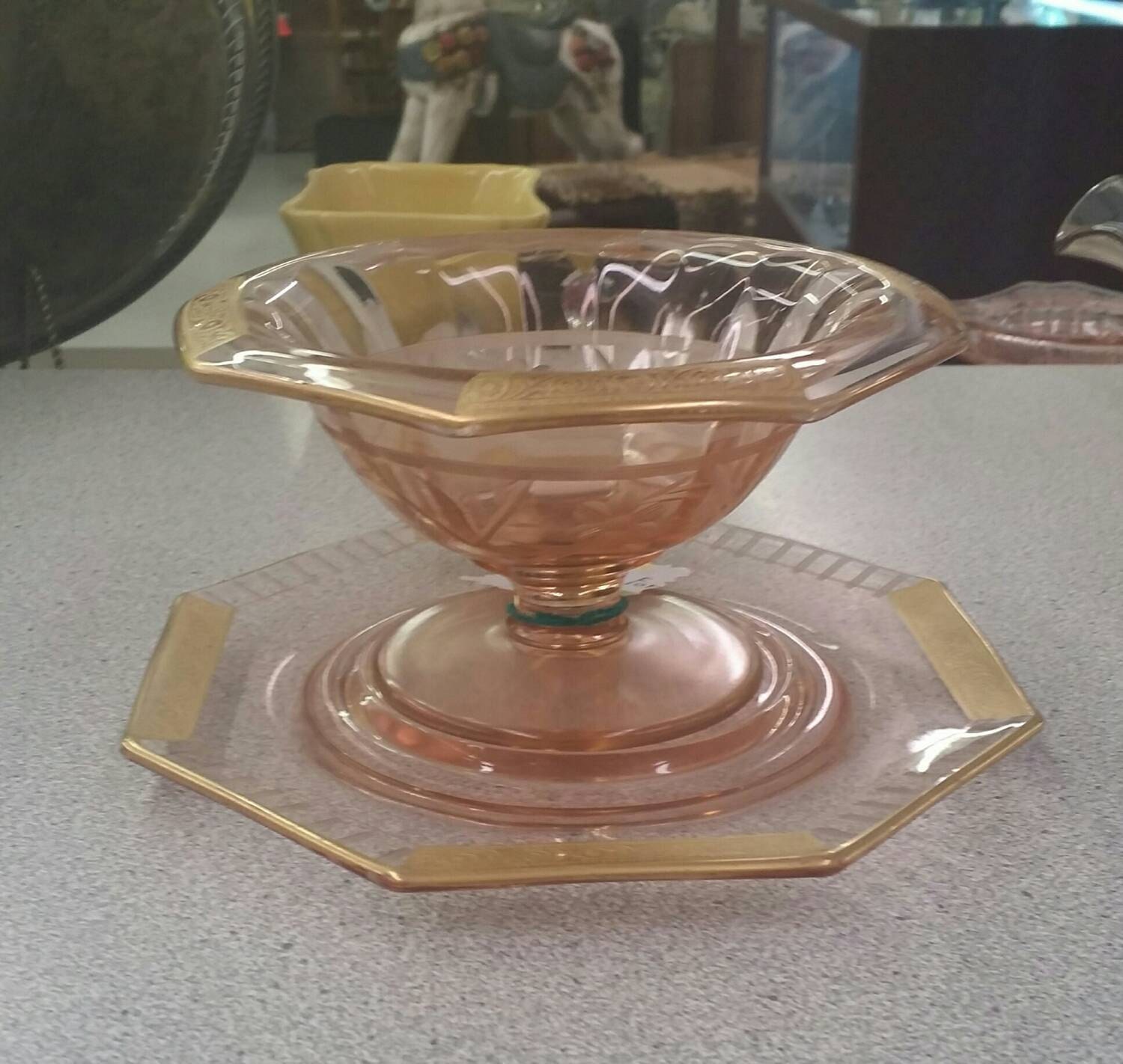 Pink Depression Glass With Gold Trim Compote Bowl And Plate