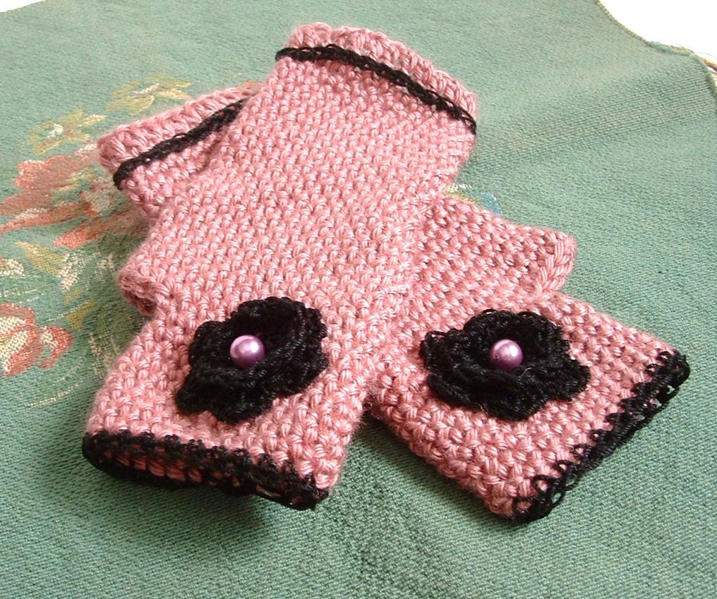 Pink and Black Fingerless Gloves Crochet Wrist by CrochetMadness4U