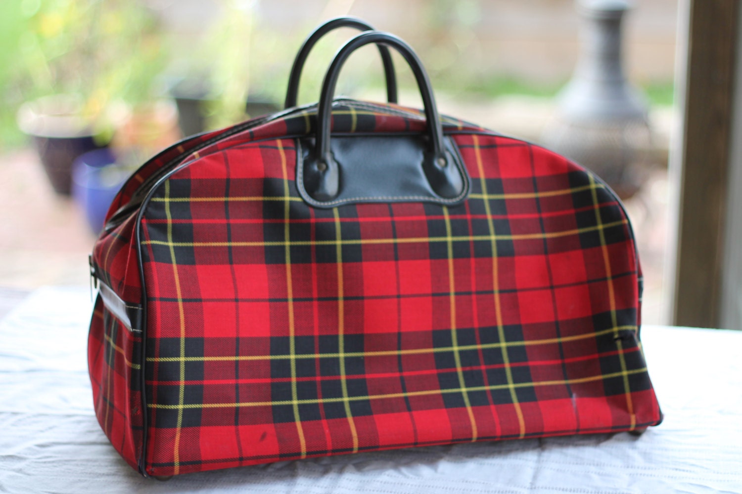 Red Plaid Retro Handbag Enormous Purse Suitcase