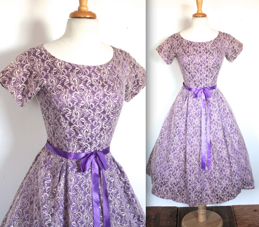 Vintage 1950's Dress // 50s Lavender Purple Lace Party