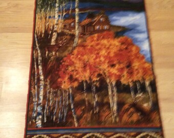 A Gorgeous Cabin In The Forest Fall Or Autumn Scenic Flannel Fabric Panel Free US Shipping