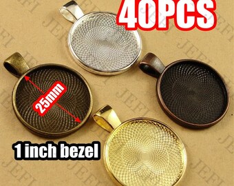 40 Pendant Trays- 25mm Round Bezel Cup Cabochon Mountings W/ Loop, Bronze/ Antique Copper/ Antique Silver/ Silver/ Gold/ GunMetal- HA1233