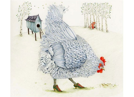 Chicken and fox print Chicken in Silver Shoes Giclee print 8x11