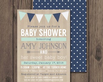 BABY BOY SHOWER Invitation, Rustic Baby Shower Invitations, Printable Invitation 5x7, Mint & Navy