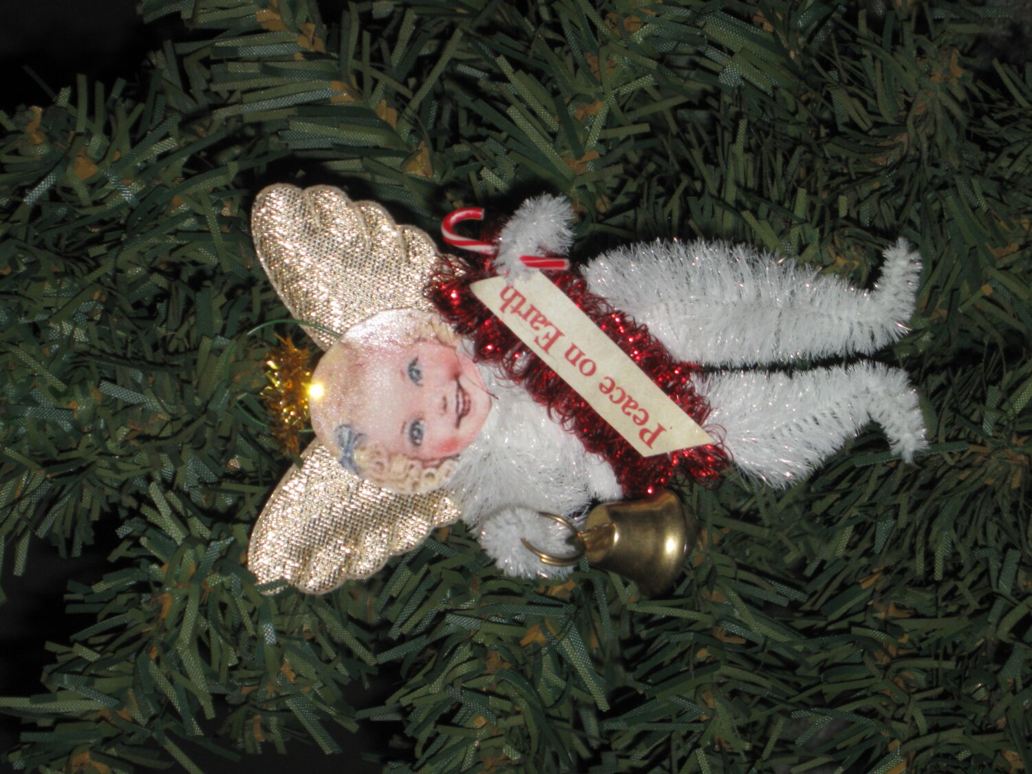 Vintage style Old Stock Chenille and cardstock ANGEL with Bell Christmas Ornament