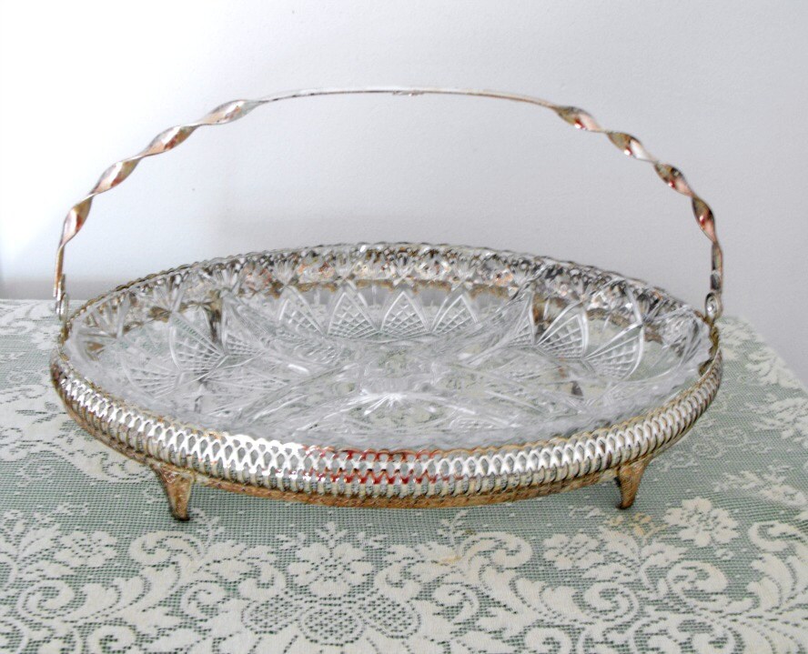 Vintage Silver Metal Basket with Divided Glass Relish or