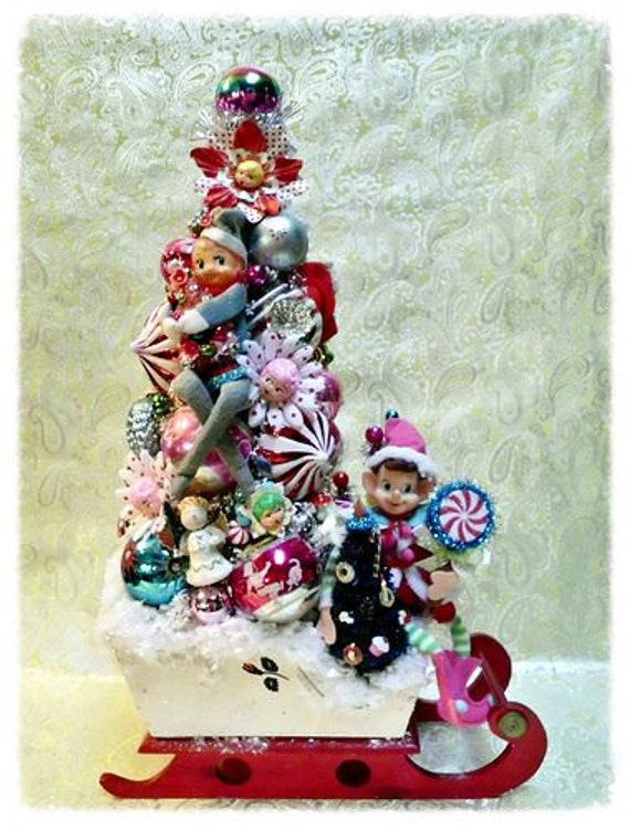 SOLD - Contact Me for a Custom Order Similar to this One - Elf on the Shelf Bottle Brush Tree Vintage Christmas Ornaments Sleigh