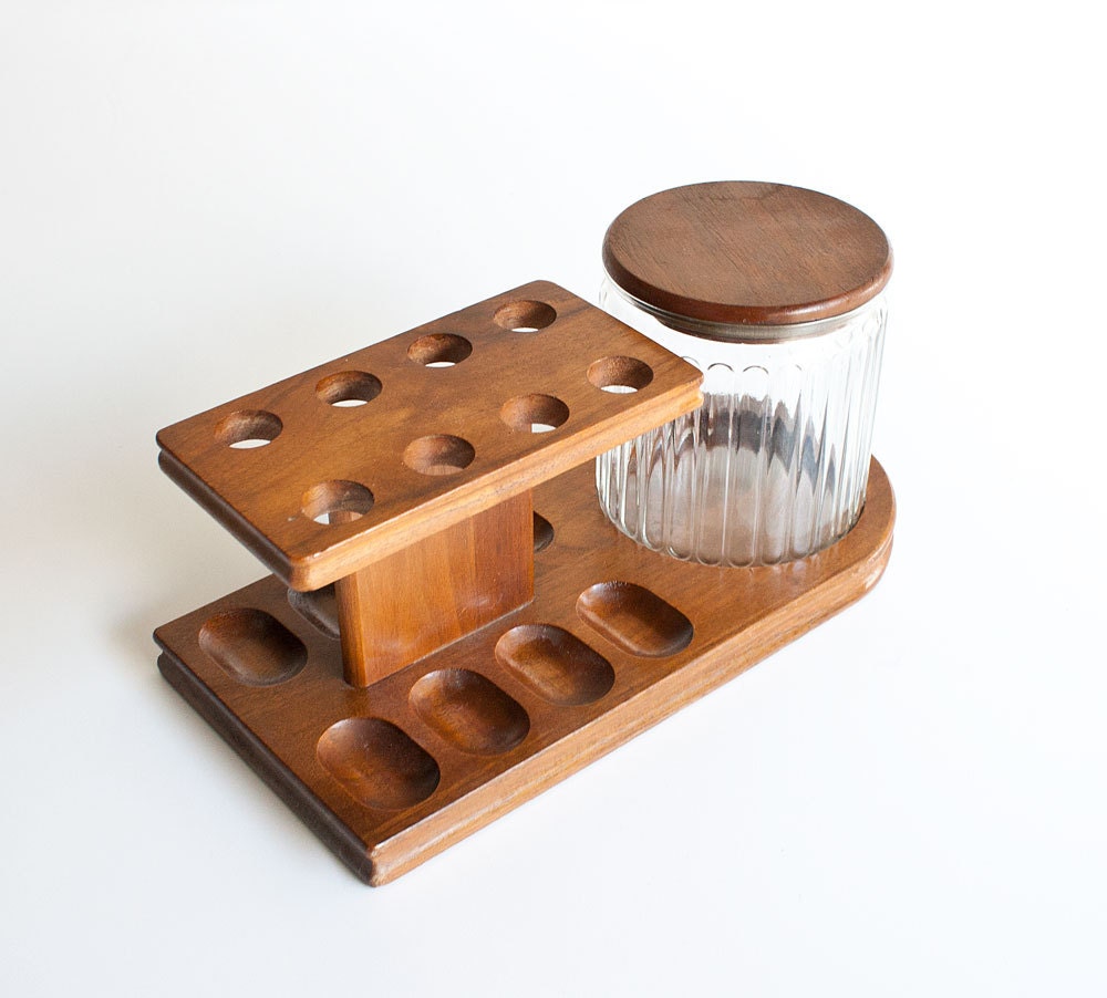 Vintage Walnut Pipe Stand & Glass Humidor Set