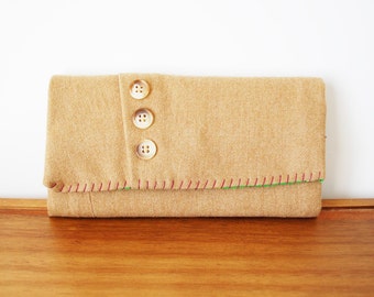 Upcycled Tan Wool Trifold Clutch Wallet with Buttons