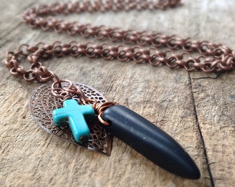 CLEARANCE, Turquoise Cross Necklace, Black Horn Necklace, Turquoise Necklace, Copper Necklace, Men's Charm Necklace, Bohemian Jewelry