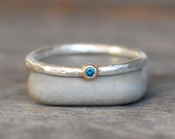 Tiny Blue Diamond Ring - Gold and Silver Stack Ring - 2mm Blue Diamond Stack Ring - Eco-Friendly Recycled