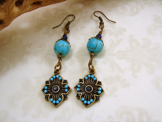 Antique Brass and Turquoise Dangle Earrings