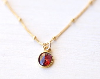 Tiny Garnet Gemstone Drop Necklace // 14K gold filled // simple red everyday wedding jewelry