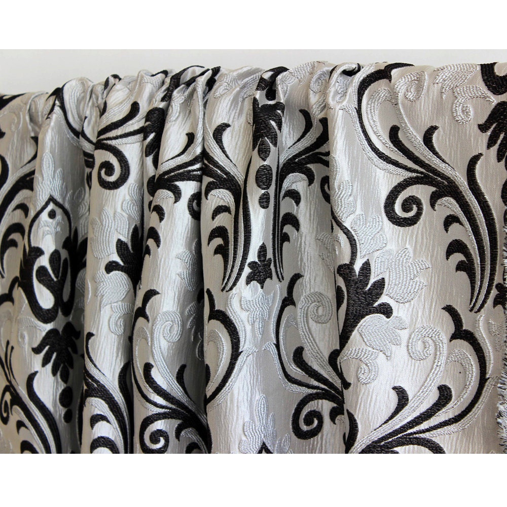 Ivory N Black Chenille Damask Curtain Panels 52x84