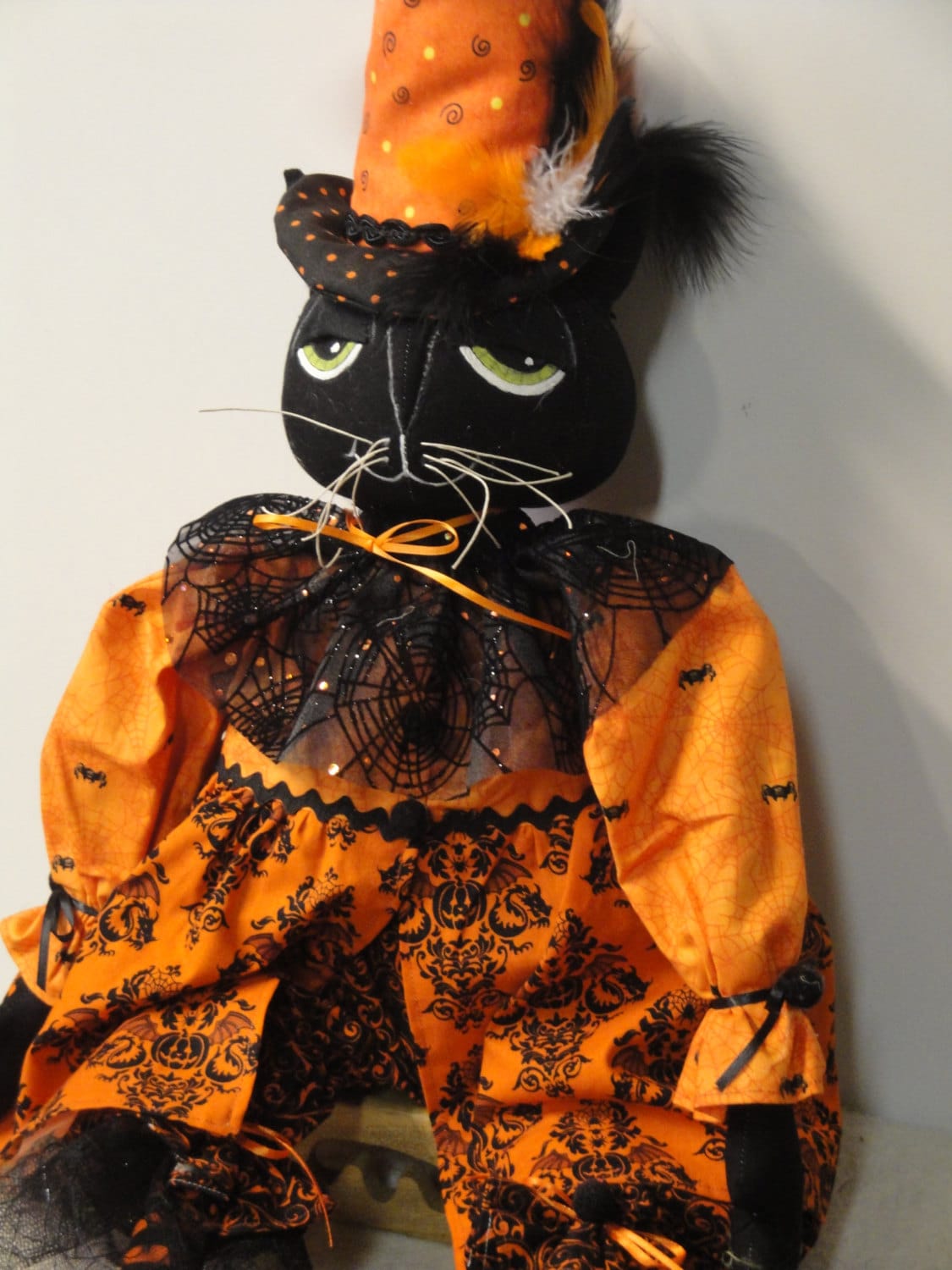 Halloween Witch Black Cat Cloth Fiber Art Doll Handmade by