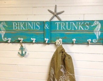 Beach House Hook Rack Sign Seahorse Bikinis and Trunks Coat Rack by CastawaysHall