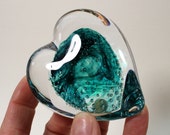 Beautiful Small Glass Heart Paperweight, Personalized, Valentines Gift, Teal Green Glass, Swedish Handmade Glass by Marianne Degener