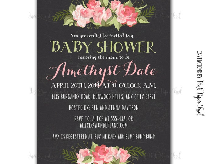 Shabby Chic Floral and Chalkboard Style Invitation v2 - Customizable Wordings - Printable - Wedding - Bridal Shower - Baby Shower